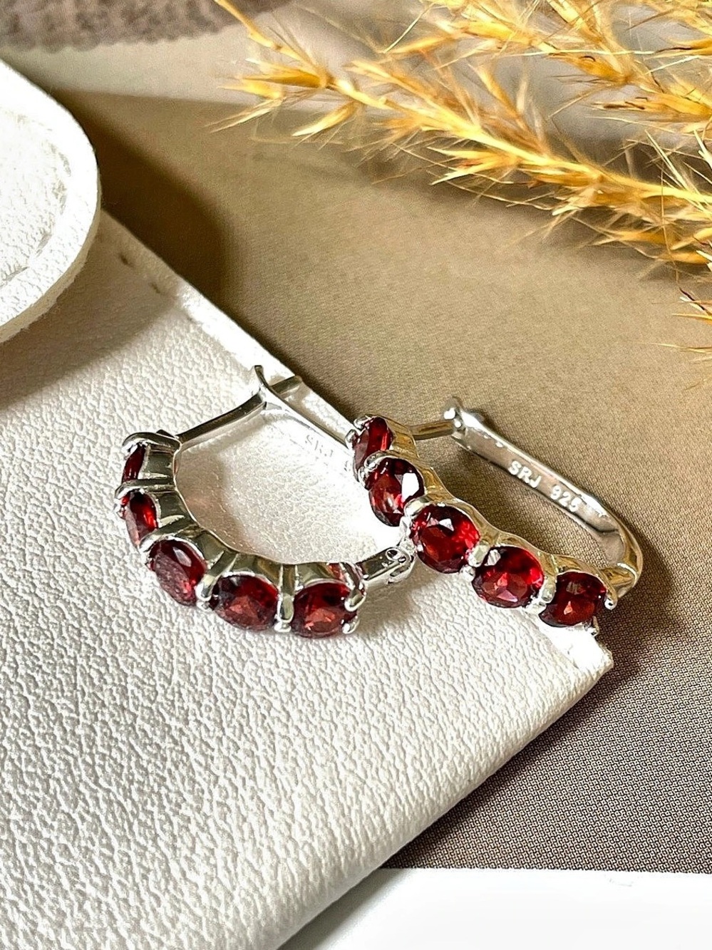 Natural Garnet 925 Sterling Silver Hoop Earrings, Gift her, January Birthstone